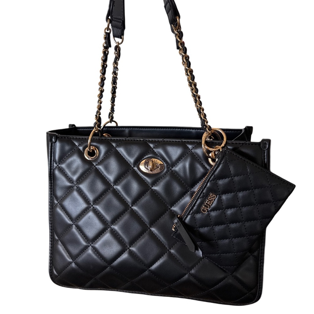 Guess Black Quilted Shoulder Bag with Gold Accents